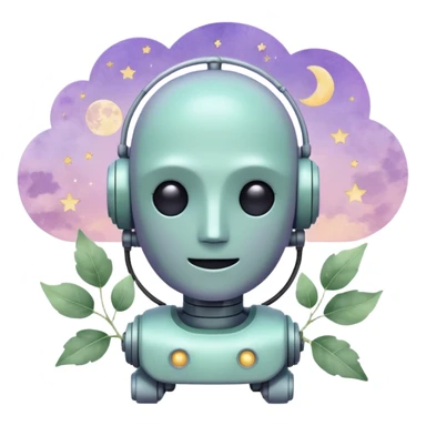 watercolor-style emoji of a robot head silhouette with “AI” inside a lilac cloud, connected to a soft circuit shape. gentle pastel palette (sage green, blush, lilac), surrounded by leaves, moon, and stars — poetic and calm aesthetic. sticker