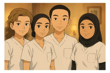Four nursing students side by side in a warm indoor ambiance, wearing white short-sleeve uniform tops resembling medical tunics with V-neck collars and left chest pockets, no stand-up collars, no hijabs or undergarments beneath the tunics, no stethoscopes. Each student has the face from the provided portraits, styled in Ghibli style, group composition, variation 4. sticker