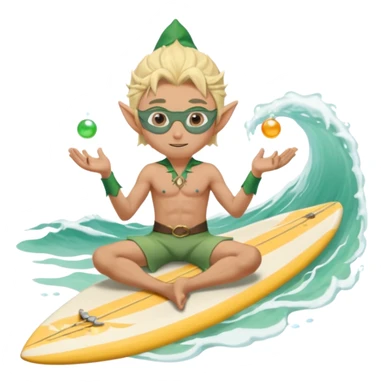 elf male legolas sitting on surfboard (ashore), hands manipulating two orbs of swirling seawater giving a "massage" to his own shoulders, wearing relaxed linen shorts over swimwear, tinted elven sunglasses, pointy ears, content expression, centered emoji sticker