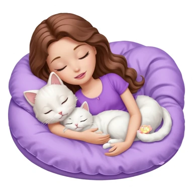 White Barbie girl  Chestnut Chestnut brown long wavy hair sleeping with white kitty at lavander bed sticker