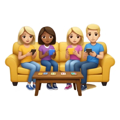 group of friends on couch playing a trivia game couch should be deep dark yellow color.  include a small wooden table in front of the couch as well sticker