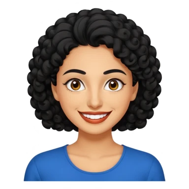 30 year old iranian woman very short curly black hair, big brown eyes, tanned skin, big smile, white teeth, pretty, stylish, shorter hair, man length hair sticker