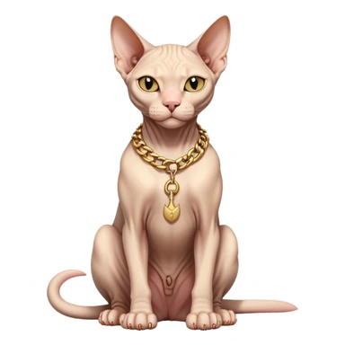 Sphynx cat full body sitting with a gold chain, one eye closed sticker