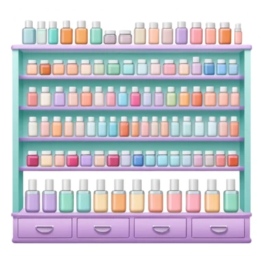 big beauty salon showcase with well-organized brand-labeled beauty products on a white shelves, pastel colors sticker