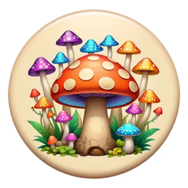 A round psychedelic colored button with bezeled edges and colorful hippie style mushrooms sticker