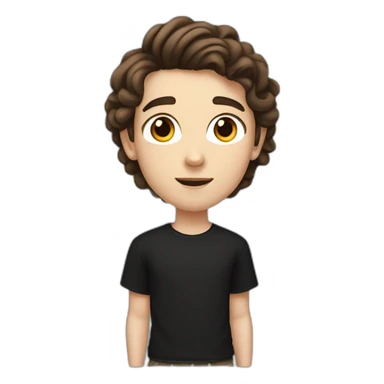 a white teenager boy with big brown eyes and middle parted long coiled brown hair, wearing a black t-shirt with white airpods sticker