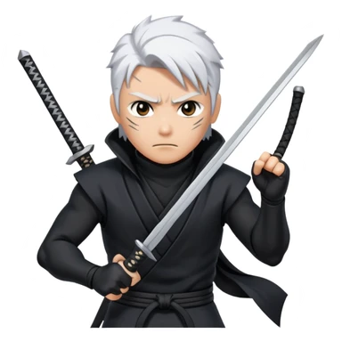 Gabimaru the Hollow, holding kunai, white hair, black ninja suit, intense eyes, action-ready sticker