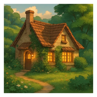 cozy cottage in a lush landscape with warm lighting in ghibli style sticker