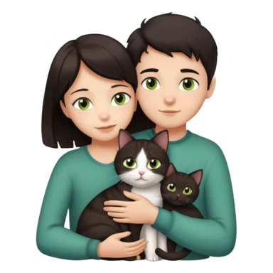 Crea un emoji donde salga un chico de pelo moreno con los ojos claros, una chica de pelo morena con los ojos marrones y UN gato europeo comun de pelaje oscuro y ojos verde claro, quiero que se esten abrazando el chico y la chica, y el gato este en el medio sticker