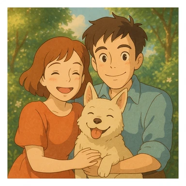 couple with pet posing for photo sticker