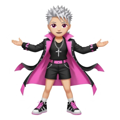 	•	White-gray, spiked hair like entropy made cute 	•	Eyes: Pink with 7 shifting rings—hypnotic, unreadable 	•	Wears a tailored high-fashion jacket with black chain-lined dress shorts 	•	Saw-toothed smile, street-combat high-tops, and a silver crucifix earring sticker