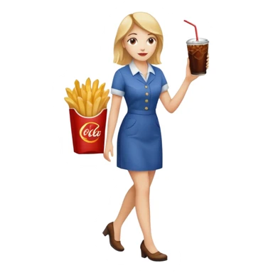 a young woman full length with cola in one hand and french fries in the other hand and a painting under her arm walking left sticker
