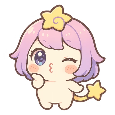 Stella Puff (星星噗噗) in kawaii chibi style, front view, blowing a kiss, big sparkling blue-violet eyes, pastel pink-purple gradient hair with a yellow star swirl, creamy white round body, coral pink blush, short arms and legs, golden star tail, clean lines, transparent background sticker