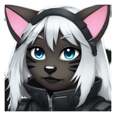 Gorgeous furry dark cyberpunk techwear anime style anthro black cat fursona with blushing face aesthetic and pretty edgy black with collar and harness trending style sticker