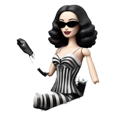 Darth Vader Barbie, 1910 teen Morticia Addams from academy, in dark-gray and black striped outfit. Smiling Driving Mercedes convertible sports car. Pale-white porcelain skin.  sticker