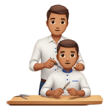 Inside a cozy barbershop with soft lighting, an experienced barber gently teaches his apprentice, guiding his hands as they cut hair together. The room is filled with warmth, plants hanging from the ceiling, and the hum of clippers sticker