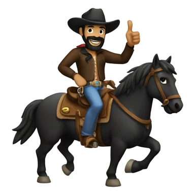 man with black beard and black eyes wearing a cowboy hat riding on his black horse making thumbs up hand gestures sticker