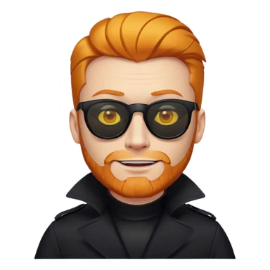 ginger with a black trenchcoat with a yellow smiley pin, orange slicked back hair, and an orange chin beard with black sunglasses sticker