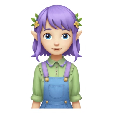 Kind happy whimsical quirky Girl toymaker, wood carving elf. Woodland nature creator. Blue eyes. Short bob, brown wavy hair with bangs. Whimsical playful cute. Overalls with nature embroidered cute shirt collar. Light green, light purple and light blue colour aesthetic  sticker