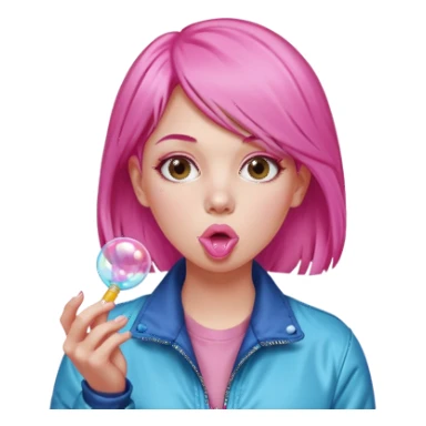Pink-haired woman in jacket blowing bubble gum sticker