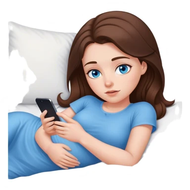 White girl brunett blue eyes, laying In bed using on stomach In her phone sticker