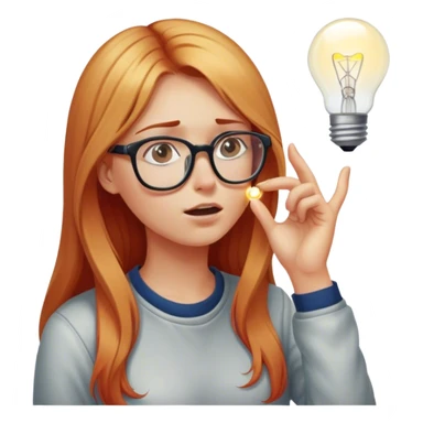 intelligent and clever, 30 year old, girl, long red and almost blond hair, glasses, has an brillant idea, rubs his nose, light bulb over the head, casual cloth  sticker