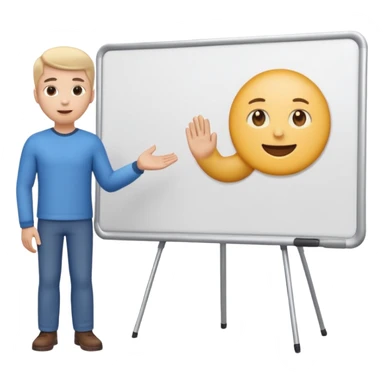 A clean emoji-style illustration of a person giving a presentation, standing next to a large presentation board on a stand, the board is oversized and clearly visible, no podium, no desk, no table, friendly proportions, soft 3D emoji style sticker