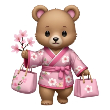 A cute baby bear character in pastel style, standing upright like a human. 
Light brown soft fur, large round ears, rounded paws and feet. 
Wearing a pink kimono with soft cherry blossom patterns on the sleeves and bottom, Holding a cute pastel shopping bag with one paw, walking pose. sticker
