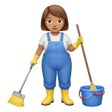 old and fat women, brown hair, Custodian with yellow rubber gloves, white T-shirt, blue overalls, mopping floor sticker