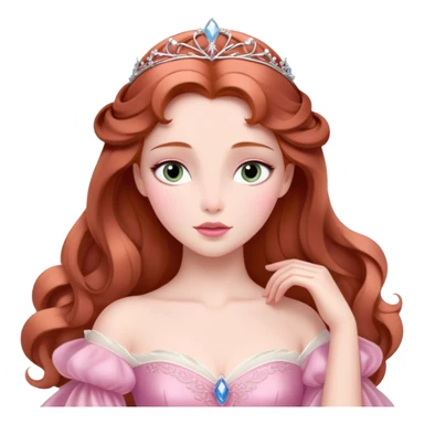 Cinematic Elegant Sleeping Beauty Portrait Emoji, rendered in a realistic, vector-style with minimal shading and bold, simplified shapes. Depict Aurora (Sleeping Beauty) (chest and above) with delicate porcelain skin, soft auburn hair styled gracefully, and gentle, dreamy eyes, dressed in her classic pink gown. The image glows with a soft, enchanting radiance and high shine, capturing timeless regal beauty. sticker