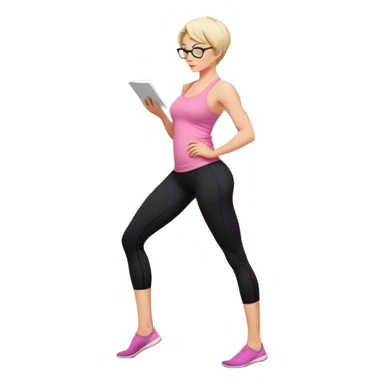 Full body view from the side, fair skinned woman, curvy, short blond hair, small reading glasses, cooking dinner in kitchen, pink loose tank top, showing natural B cup breast shape SFW, black yoga pants, large curvy booty sticker
