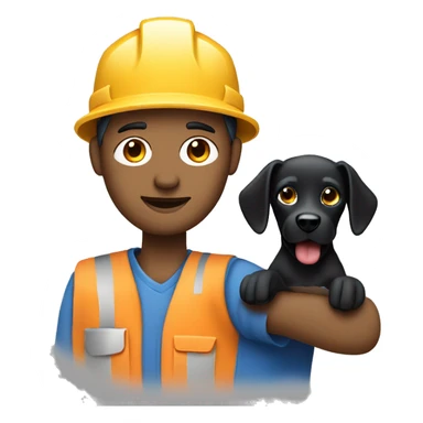 Bold male construction worker wearing a hat and blue work wear Holding a little black dog on his arm sticker
