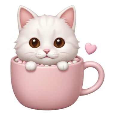 cute white cat relaxing in a pastel pink mug of cocoa with marshmallows, soft lighting, rounded shapes sticker