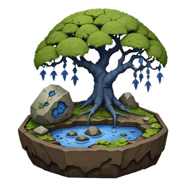 Bare haunted Alien landscape mudman very old broken cracked intricate Stone Age rocky-crusted irregular dodecagon-shaped shallow dark moss rough bark blue weeping willow flowered maple tree bonsai pot sticker