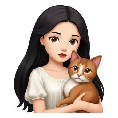 beautiful girl with long black hair wearing a white dress holding an Abyssinian cat with reddish-brown fur in her arms sticker