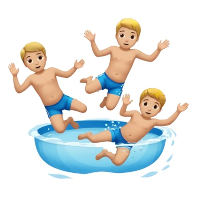 Two blond boys, the third boy with brown hair and a little baby girl with braun hair doing a belly flop in to a pool full of water. Show the pool sticker