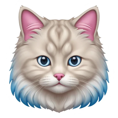 Fluffy Siberian cat face emoji, white and grey long hair, bright blue eyes, pink nose, friendly expression, 3D vector style, isolated on white background. sticker