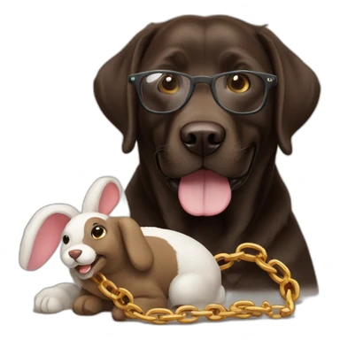 dark brown labrador, smiling, with glasses, a chain with "Sam" and a stuffed rabbit in mouth sticker