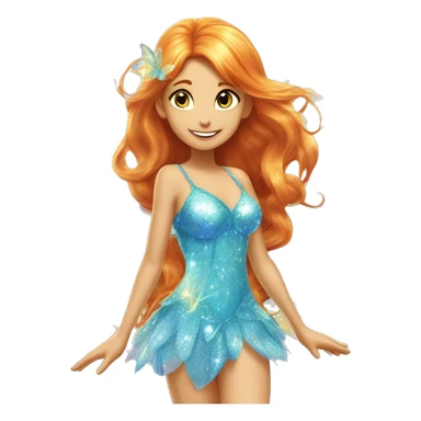 Bloom adult fairy of dragonflame in her enchantix fairy light blue sparkling two-piece clothing and fairy enchantix wings and long ginger hair in from winx club. Lots of sparkles and fairydust. Full body pic and full fairy bliss sticker