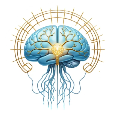 Pearlescent and light blue floating capsule suspended in front of an ethereal brain illuminated by golden electrical pulses branching into a neural network pattern, awakening lucidity. A soft light also surrounds a small liver symbol, all rotating in an aura of focus and internal connection sticker
