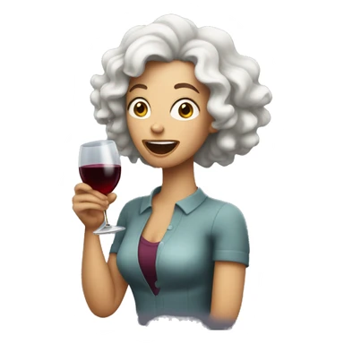White Woman with curly dark brown hair drinking wine shouting sticker