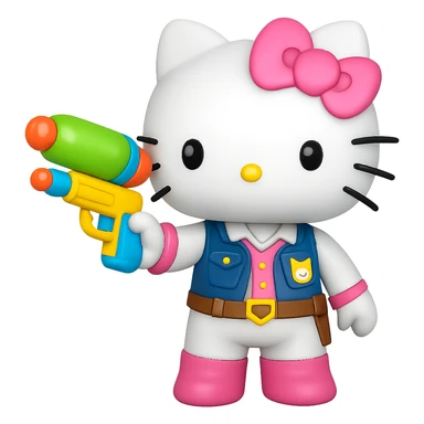 Change the pistol to a colorful water gun, keep the Hello Kitty character in emoji style, no background. sticker