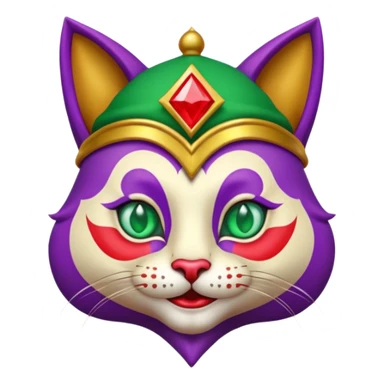 crazy colorful cute little cat jolly joker from poker, medieval, vintage, court jester, mac os icon, purple, gold and red color, half body, emerald green ice eyes, golden earrings. Squared shape as 3D mac os icon, symmetrical sticker
