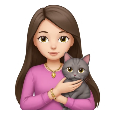 a white girl with brunette long straight hair holding a grey cat. the girl has long lashes and has on a pink shirt and gold jewelry. sticker