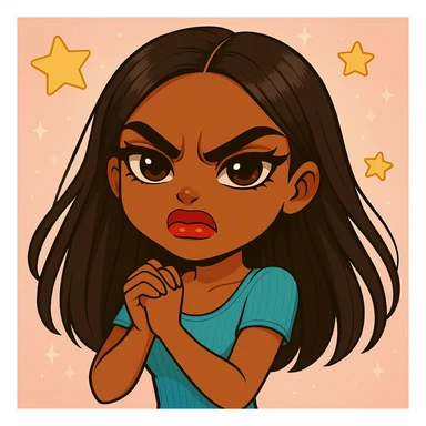 Change her expression to angry, keep her as a 20-year-old anime Bratz style woman with dark skin, dark hair, crying laughing outfit style, big expressive eyes, and glossy lips. Maintain the anime Bratz style and the original look except for the angry expression. sticker