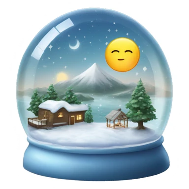 Semi-circular glass dome shaped like a snow globe with the sun and moon inside and land and water on the botto sticker