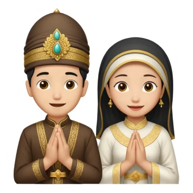 javanese person with shy smile (male) with blangkon hat and prayer hand, and also a javanese bride with sanggul and a shy smile sticker