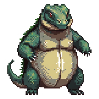 A pixelated fat komodo dragon with a big round belly, mid-hiccup with its body slightly jumping sticker