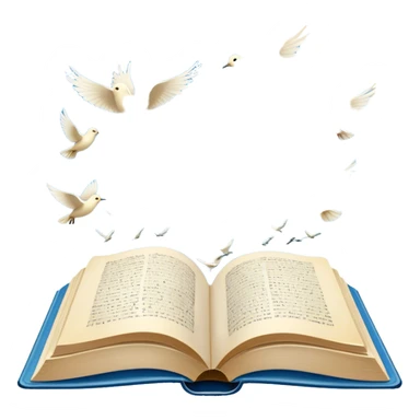 Icon for Poetry Reading: an open book with verses on the pages, from which fly pages transforming into a large flock of small white birds soaring into the blue sky. The icon should evoke the freedom and beauty of poetry. Transparent background. sticker