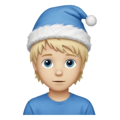 create boy blonde hair long messy, light eyes, white t shirt, rich, long hair, eyes blue, acessory head cristimas blue hat, fluffy hair medium long sticker
